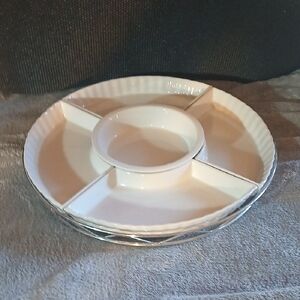 White Ceramic Sectioned Serving Platter with Center Bowl